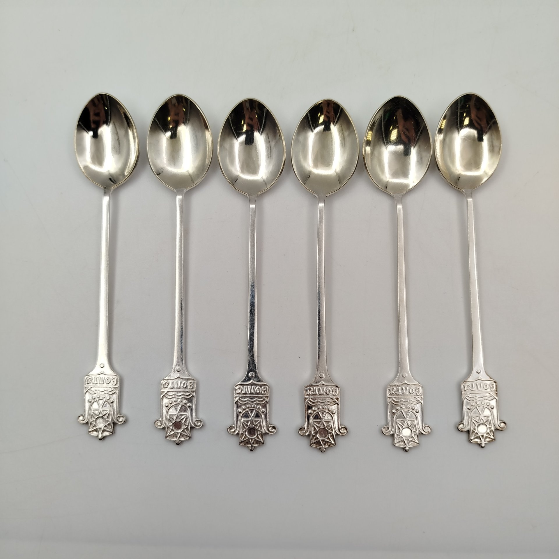 Набор чайных ложек "Волга" в оригинальной упаковке на 6 персон, мНЦ (медь-никель-цинк), картон, Красносельский ювелирный завод, СССР, 1960-1970 гг.