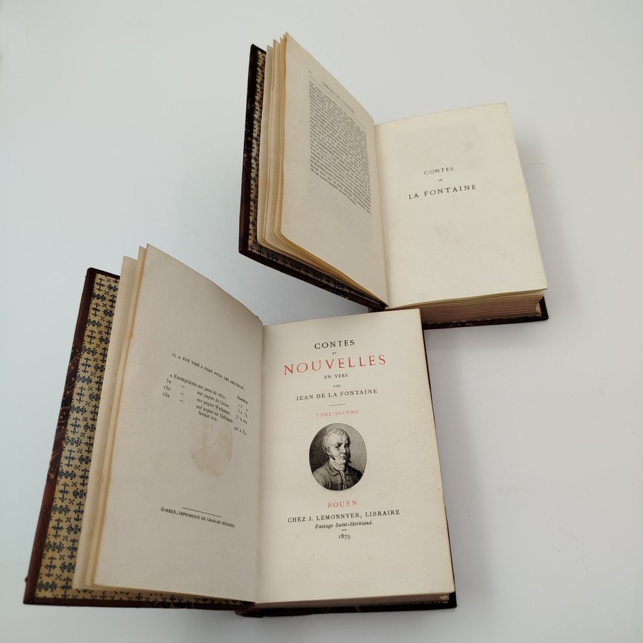Jean de La Fontaine "Contes et nouvelles en vers" (Истории и новеллы в стихах Жана де Лафонтена), на французском языке, в 2 томах, бумага, печать, полукожаный переплет, тиснение, золочение, тонированные обрезы, Франция, 1879 г.
