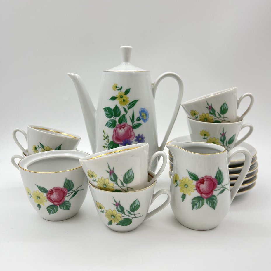 Сервиз кофейный с цветочным декором на 6 персон (15 предметов), фарфор, деколь, золочение, Colditz (Кольдиц), ГДР, 1960-1990 гг.