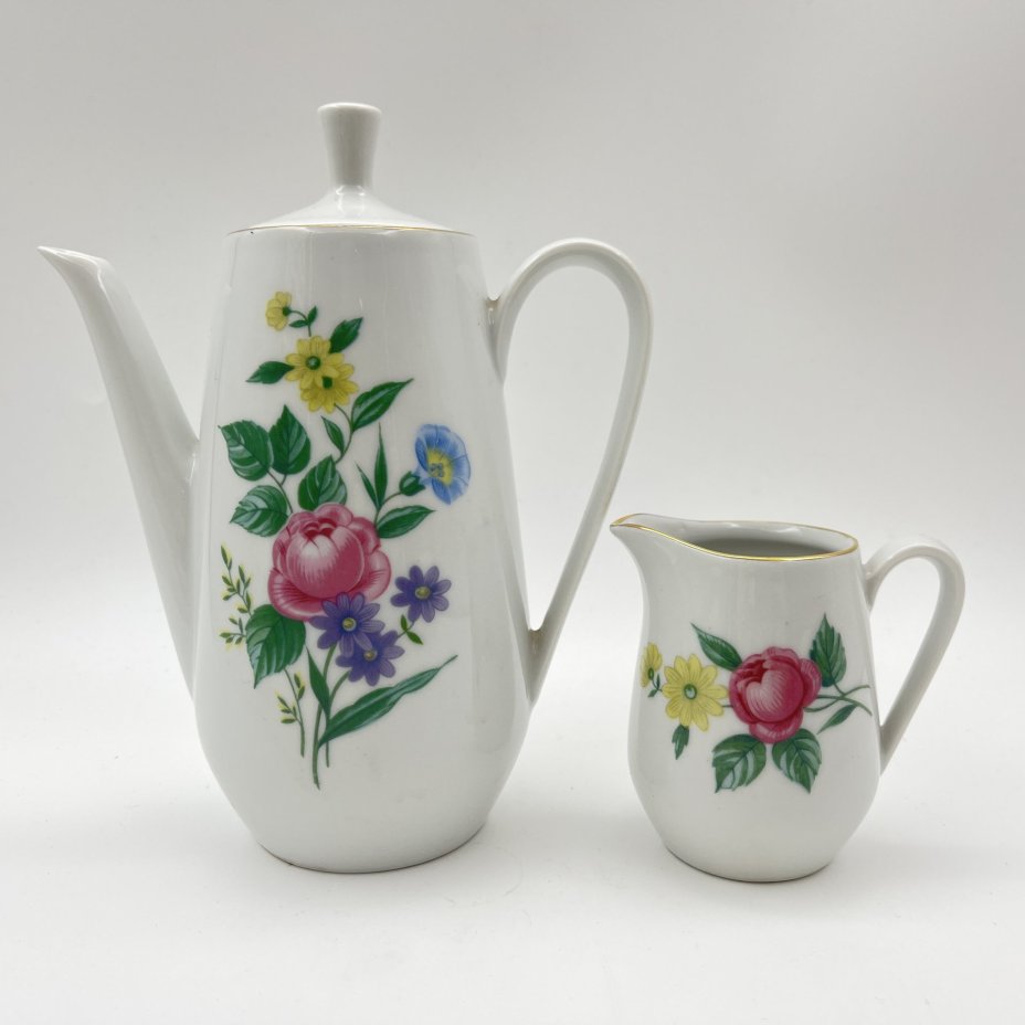 Сервиз кофейный с цветочным декором на 6 персон (15 предметов), фарфор, деколь, золочение, Colditz (Кольдиц), ГДР, 1960-1990 гг.