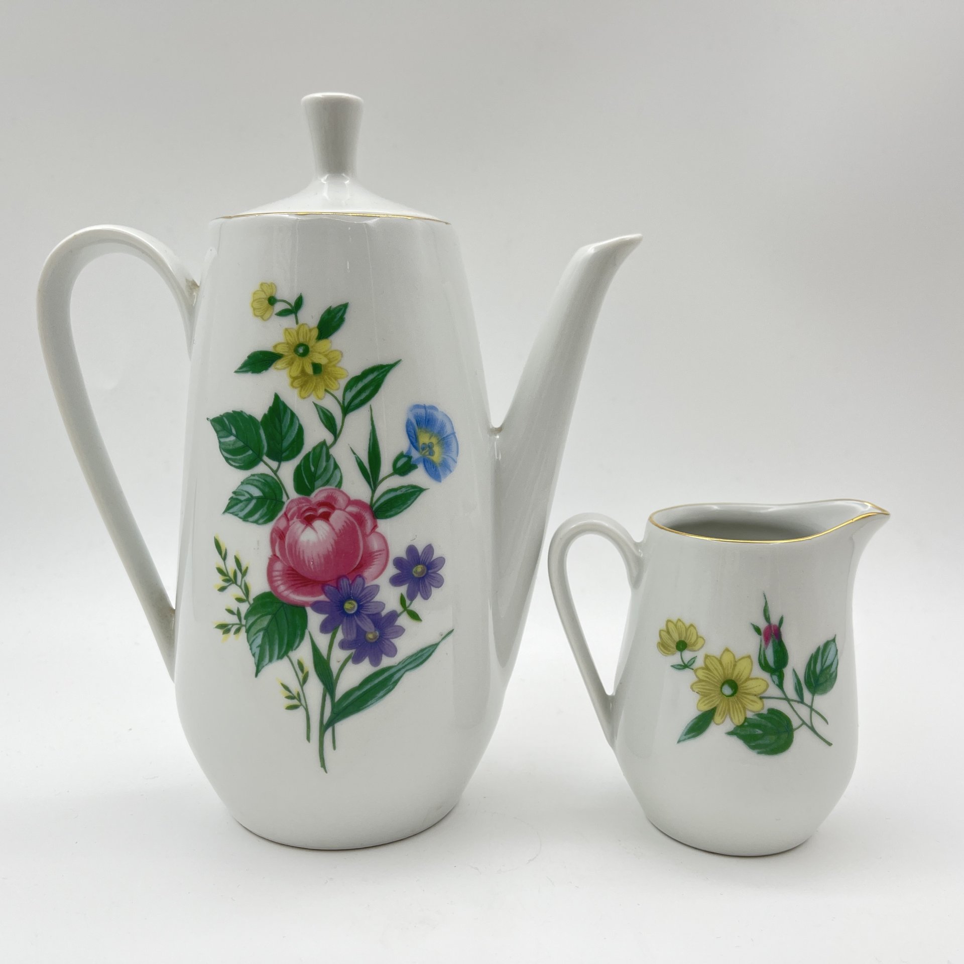 Сервиз кофейный с цветочным декором на 6 персон (15 предметов), фарфор, деколь, золочение, Colditz (Кольдиц), ГДР, 1960-1990 гг.