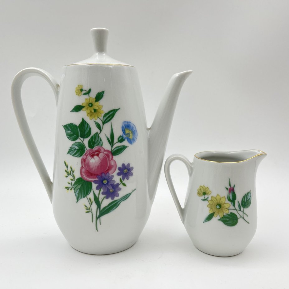 Сервиз кофейный с цветочным декором на 6 персон (15 предметов), фарфор, деколь, золочение, Colditz (Кольдиц), ГДР, 1960-1990 гг.