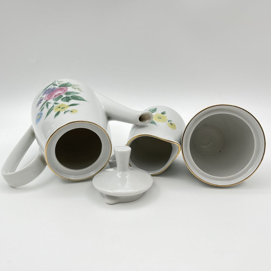 Сервиз кофейный с цветочным декором на 6 персон (15 предметов), фарфор, деколь, золочение, Colditz (Кольдиц), ГДР, 1960-1990 гг.