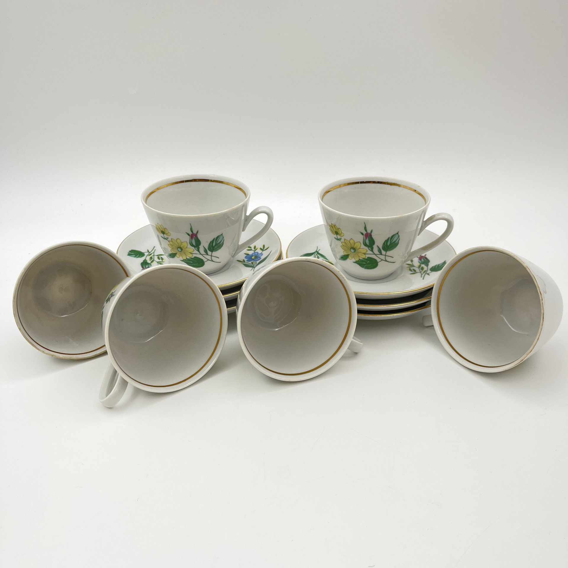 Сервиз кофейный с цветочным декором на 6 персон (15 предметов), фарфор, деколь, золочение, Colditz (Кольдиц), ГДР, 1960-1990 гг.