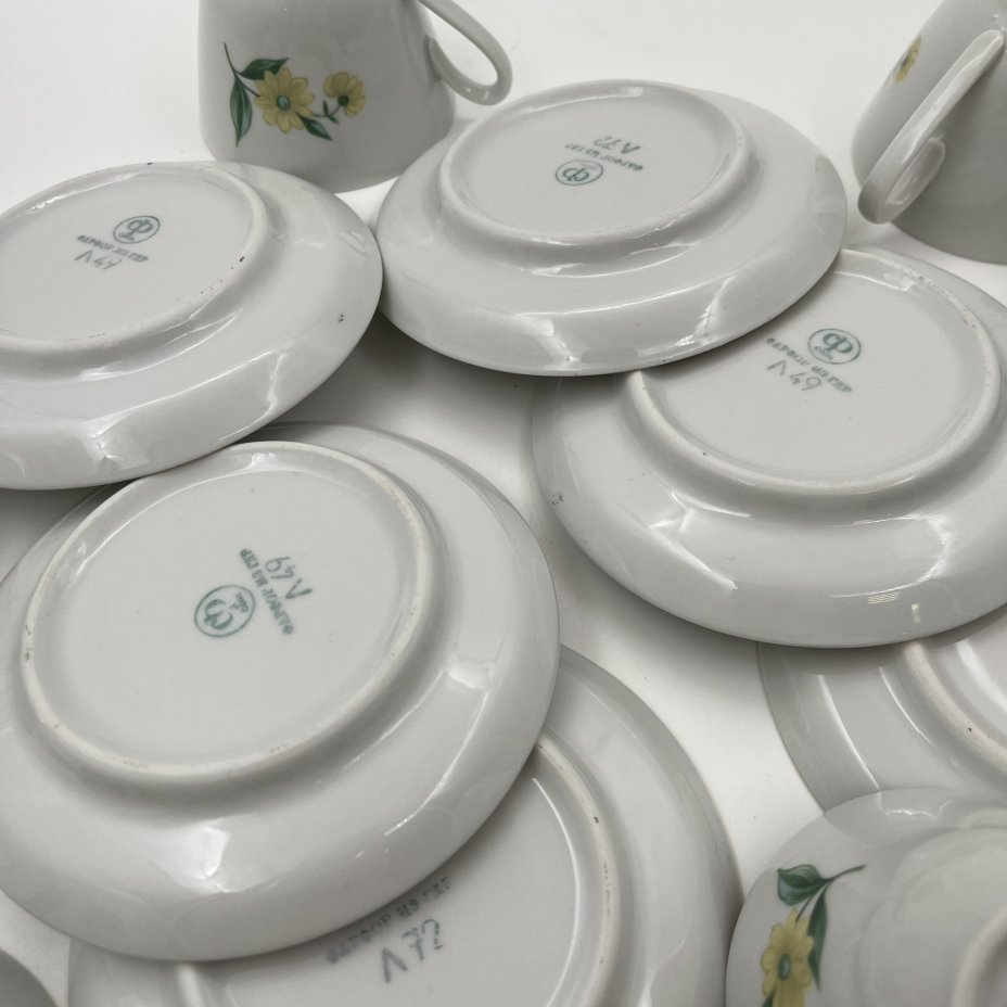 Сервиз кофейный с цветочным декором на 6 персон (15 предметов), фарфор, деколь, золочение, Colditz (Кольдиц), ГДР, 1960-1990 гг.