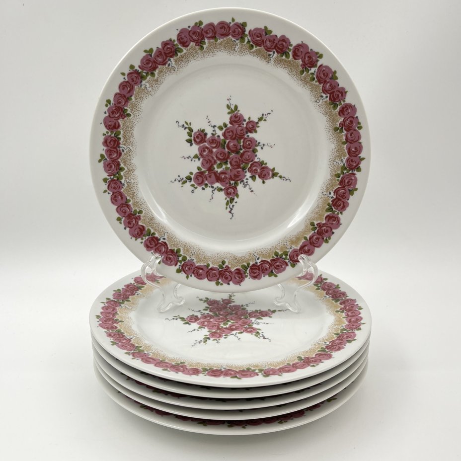 Набор из 6-ти десертных тарелок с цветочным декором, фарфор, деколь, золочение, Graf Von Henneberg Porzellan, 1777 Jlmenau, ГДР, 1973-1977 гг.