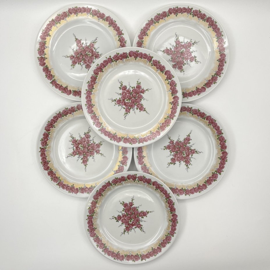 Набор из 6-ти десертных тарелок с цветочным декором, фарфор, деколь, золочение, Graf Von Henneberg Porzellan, 1777 Jlmenau, ГДР, 1973-1977 гг.