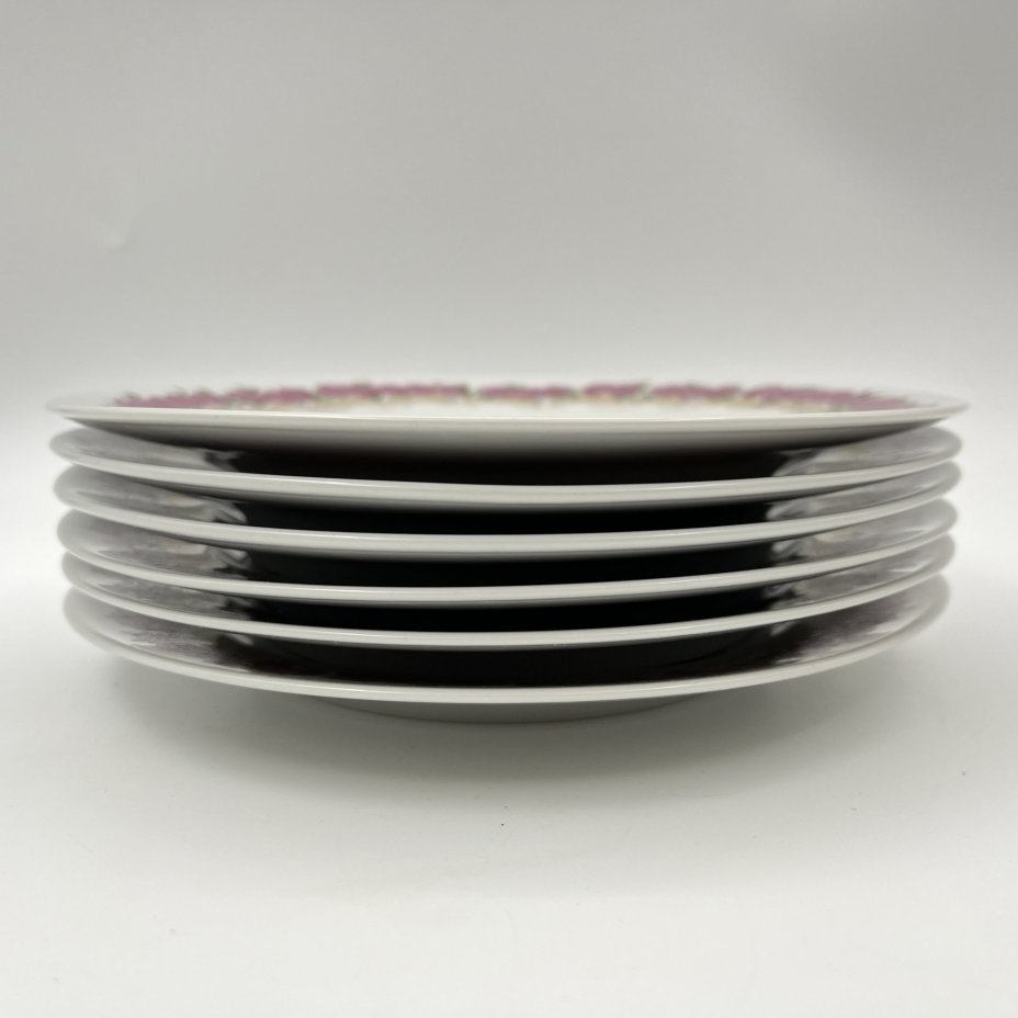 Набор из 6-ти десертных тарелок с цветочным декором, фарфор, деколь, золочение, Graf Von Henneberg Porzellan, 1777 Jlmenau, ГДР, 1973-1977 гг.