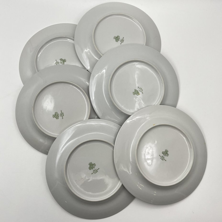 Набор из 6-ти десертных тарелок с цветочным декором, фарфор, деколь, золочение, Graf Von Henneberg Porzellan, 1777 Jlmenau, ГДР, 1973-1977 гг.