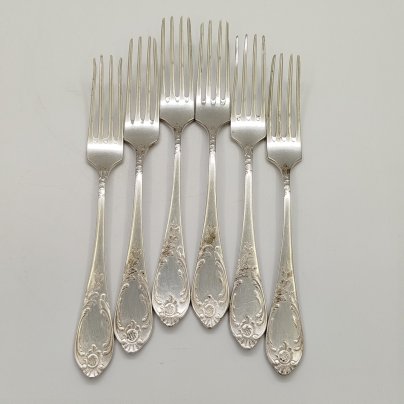 Набор из шести десертных вилок с растительным декором, мНЦ (медь-никель-цинк), Вольнянский завод столовых приборов им. Шевченко (ЗiШ, ЗиШ), СССР, 1960-1990 гг.