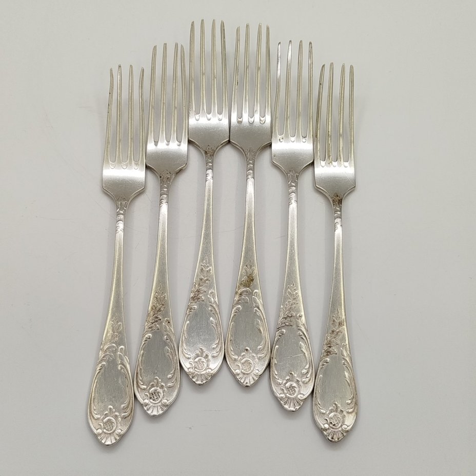 Набор из шести десертных вилок с растительным декором, мНЦ (медь-никель-цинк), Вольнянский завод столовых приборов им. Шевченко (ЗiШ, ЗиШ), СССР, 1960-1990 гг.