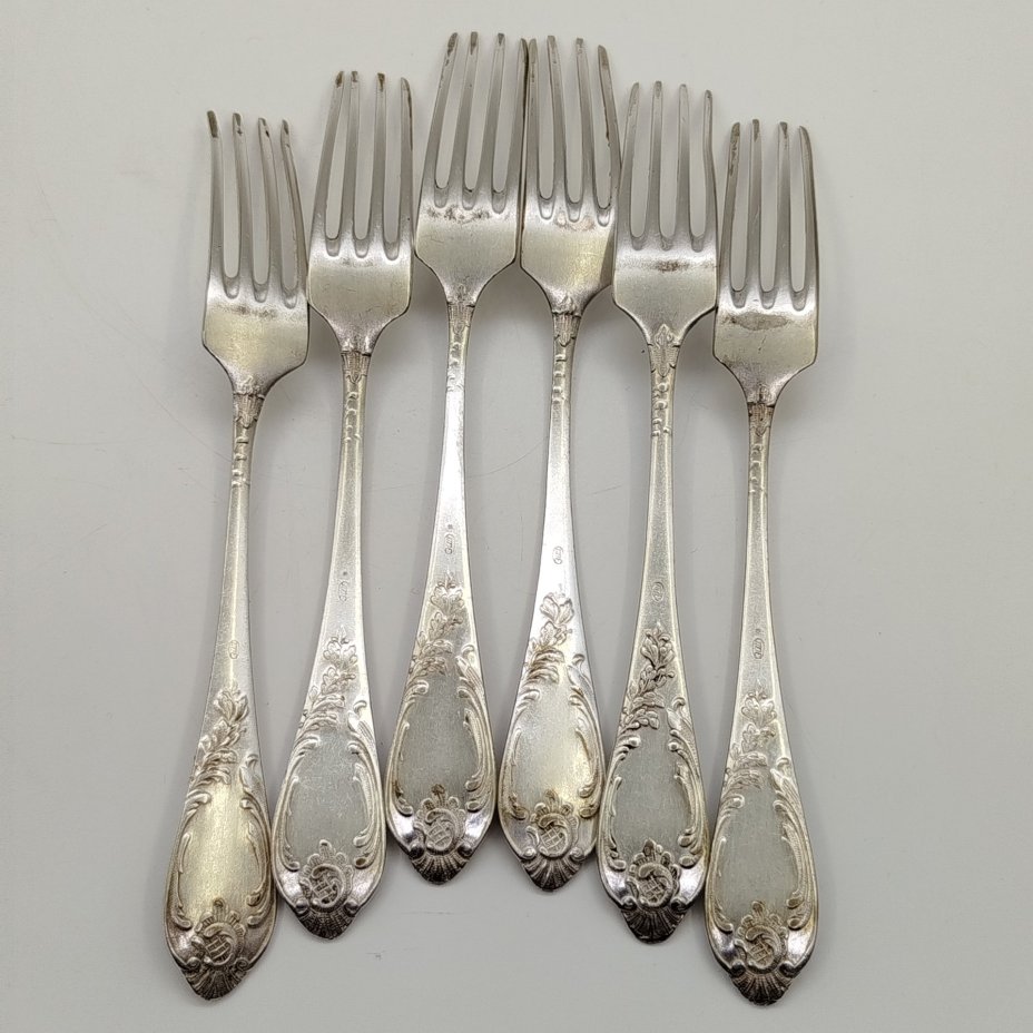 Набор из шести десертных вилок с растительным декором, мНЦ (медь-никель-цинк), Вольнянский завод столовых приборов им. Шевченко (ЗiШ, ЗиШ), СССР, 1960-1990 гг.