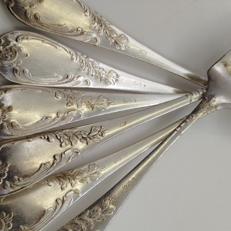 Набор из шести десертных вилок с растительным декором, мНЦ (медь-никель-цинк), Вольнянский завод столовых приборов им. Шевченко (ЗiШ, ЗиШ), СССР, 1960-1990 гг.