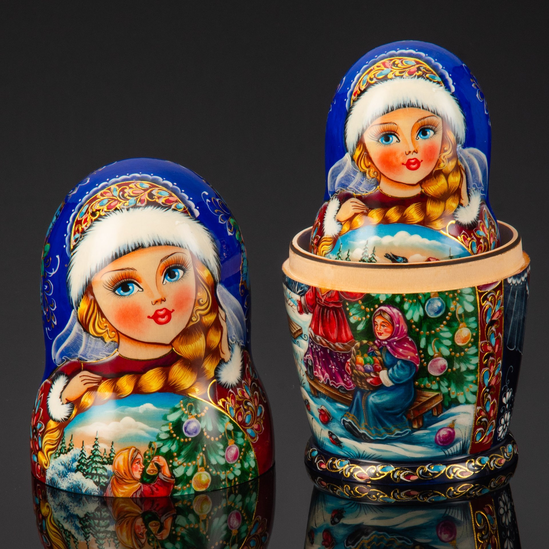 Матрешка "Русская зима. Новый год" (5 мест), автор росписи С.А. Лонченкова, дерево, лак, роспись, золочение, Российская Федерация, 2025 г.