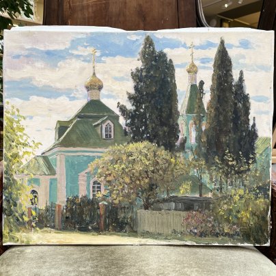 Картина "Кипарисы у церкви", автор Обманщин Михаил Федорович (1968 г. р.)