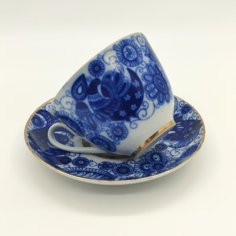 Пара чайная "Жар-птица", фарфор, деколь, золочение, Ленинградский фарфоровый завод (ЛФЗ), СССР, 1970-1991 гг.