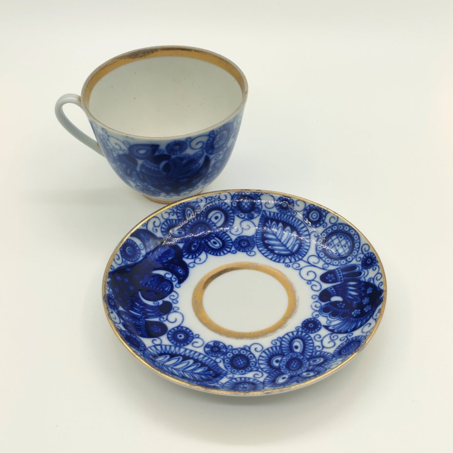 Пара чайная "Жар-птица", фарфор, деколь, золочение, Ленинградский фарфоровый завод (ЛФЗ), СССР, 1970-1991 гг.