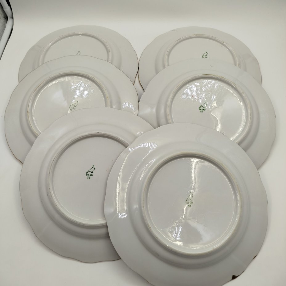 Набор из шести столовых тарелок с цветочным декором, фарфор, деколь, золочение, Дулевский фарфоровый завод (Дулёво), СССР, 1991 г.