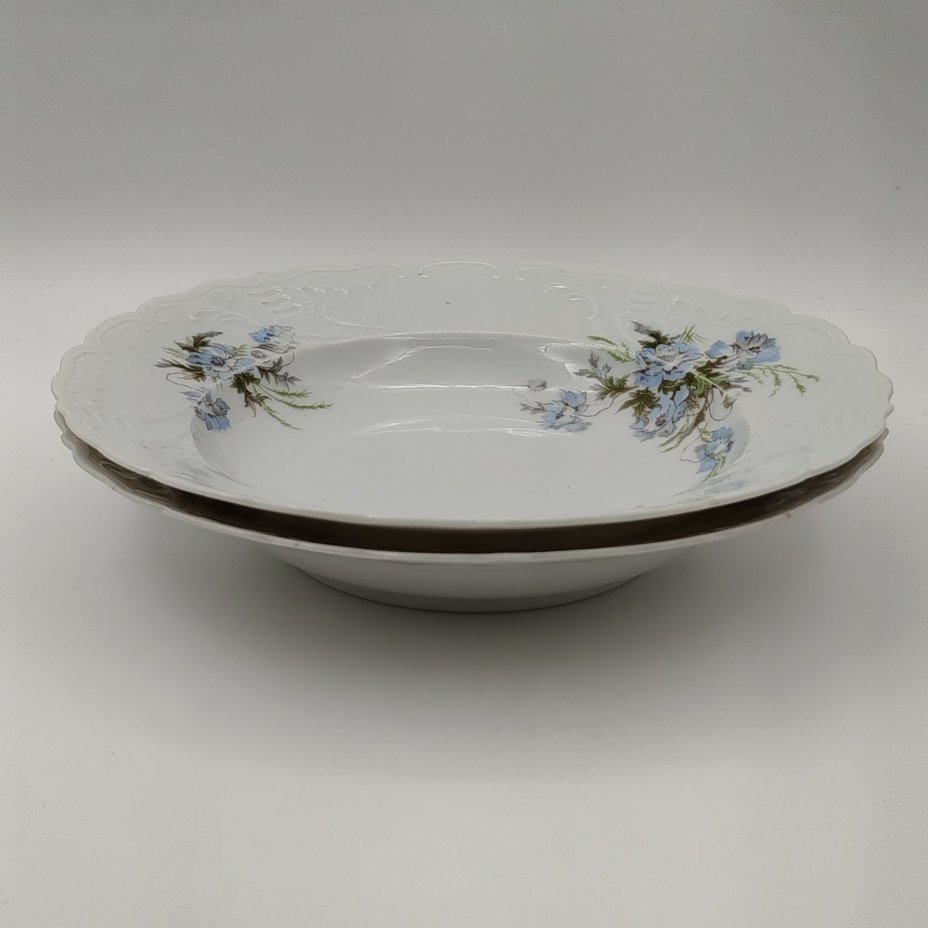 Пара суповых тарелок с декором в виде голубых цветов