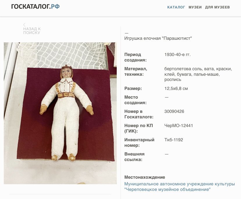 Елочная игрушка "Парашютист", вата, роспись, бумага, СССР, 1930-1940 гг.