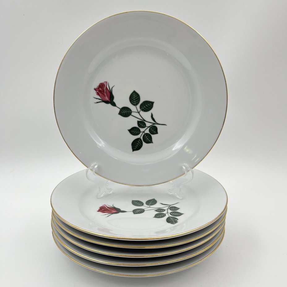 Набор из 6-ти десертных тарелок с изображением розы, фарфор, деколь, золочение, Kahla, ГДР, 1968-1987 гг.