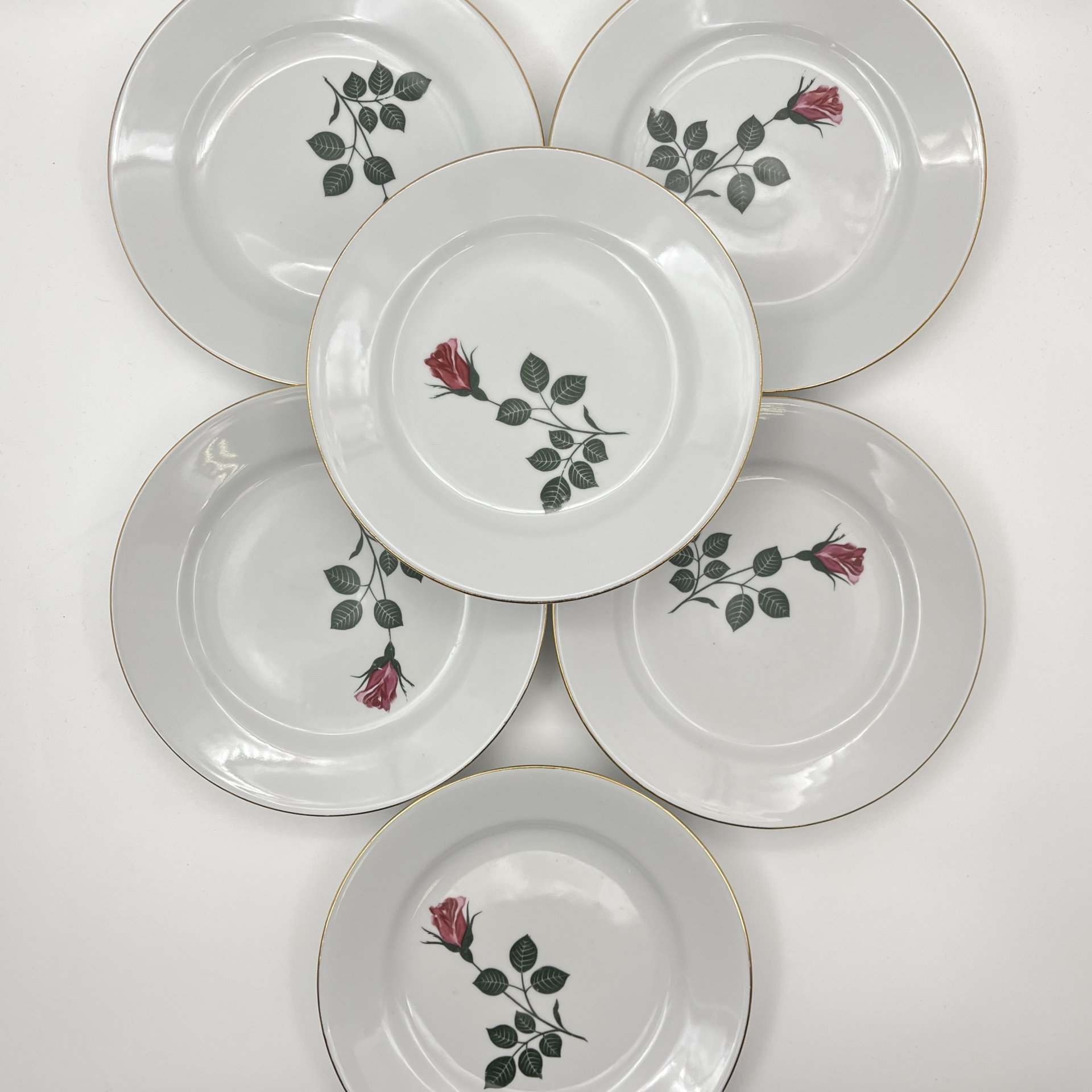 Набор из 6-ти десертных тарелок с изображением розы, фарфор, деколь, золочение, Kahla, ГДР, 1968-1987 гг.