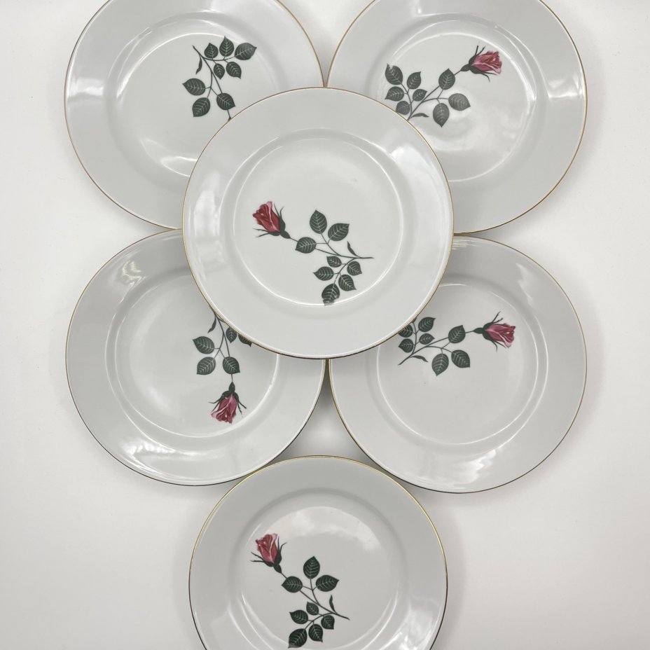Набор из 6-ти десертных тарелок с изображением розы, фарфор, деколь, золочение, Kahla, ГДР, 1968-1987 гг.