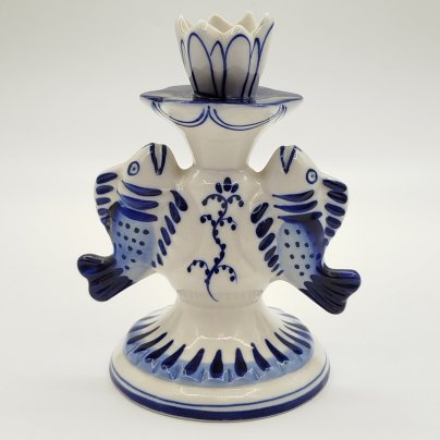 Подсвечник для одной свечи "Рыбы", фарфор, роспись, Объединение «Гжель», СССР, 1986-1991 гг.