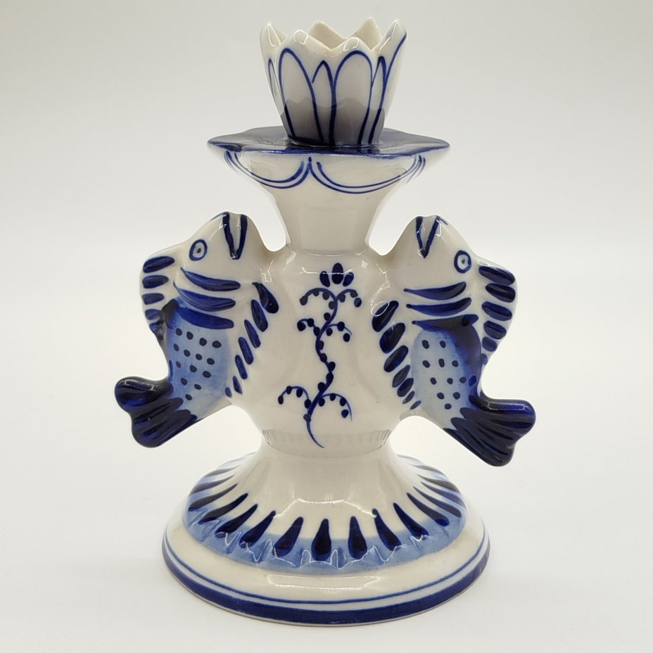 Подсвечник для одной свечи "Рыбы", фарфор, роспись, Объединение «Гжель», СССР, 1986-1991 гг.