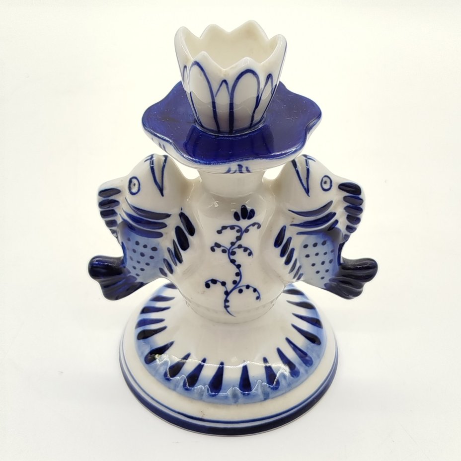 Подсвечник для одной свечи "Рыбы", фарфор, роспись, Объединение «Гжель», СССР, 1986-1991 гг.