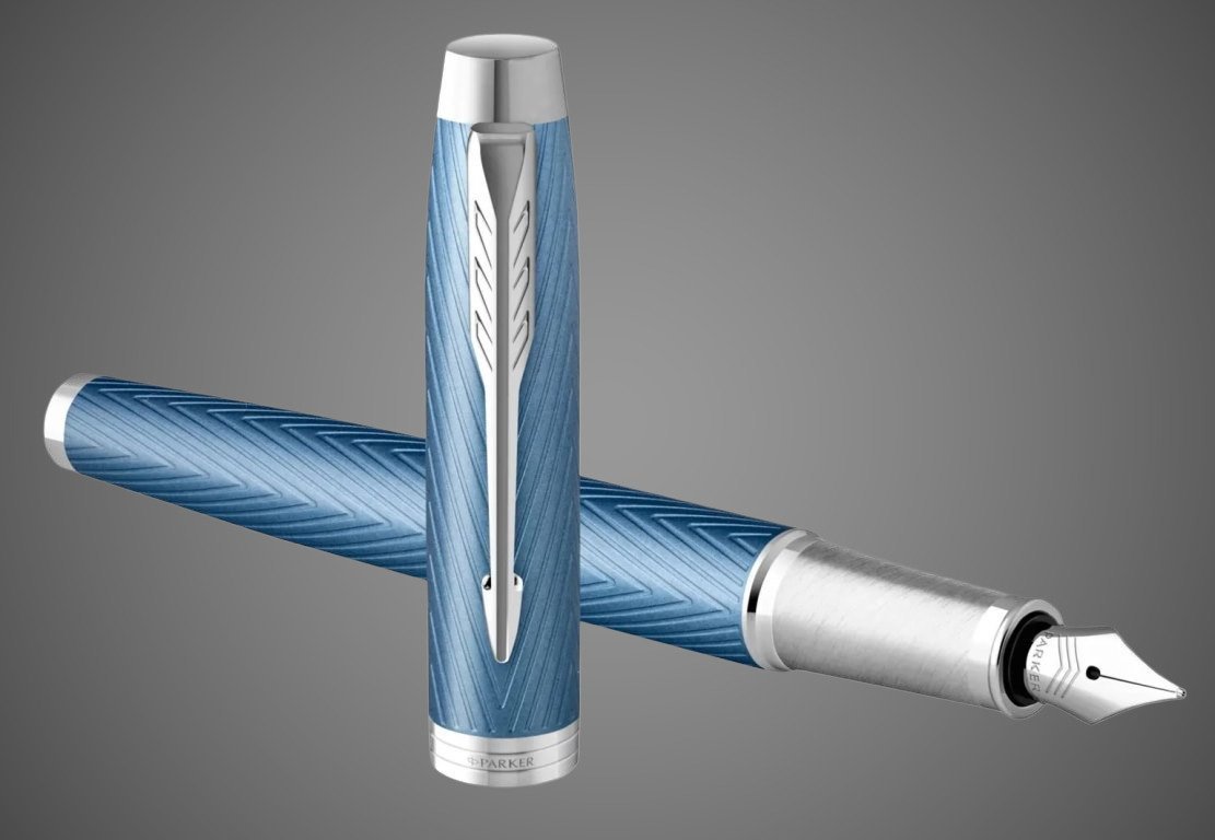 Перьевая ручка Parker IM Premium Blue Grey CT, перо: F, цвет чернил: blue, в подарочной упаковке., Лаки и смолы: лак, латунь, нержавеющая сталь, хром