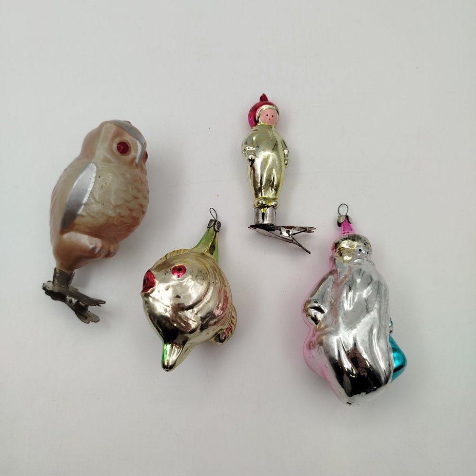 Набор ёлочных игрушек "Космонавт", "Сова", "Рыбка", "Дед Мороз", стекло, роспись, металл, СССР, 1950-1960 гг.
