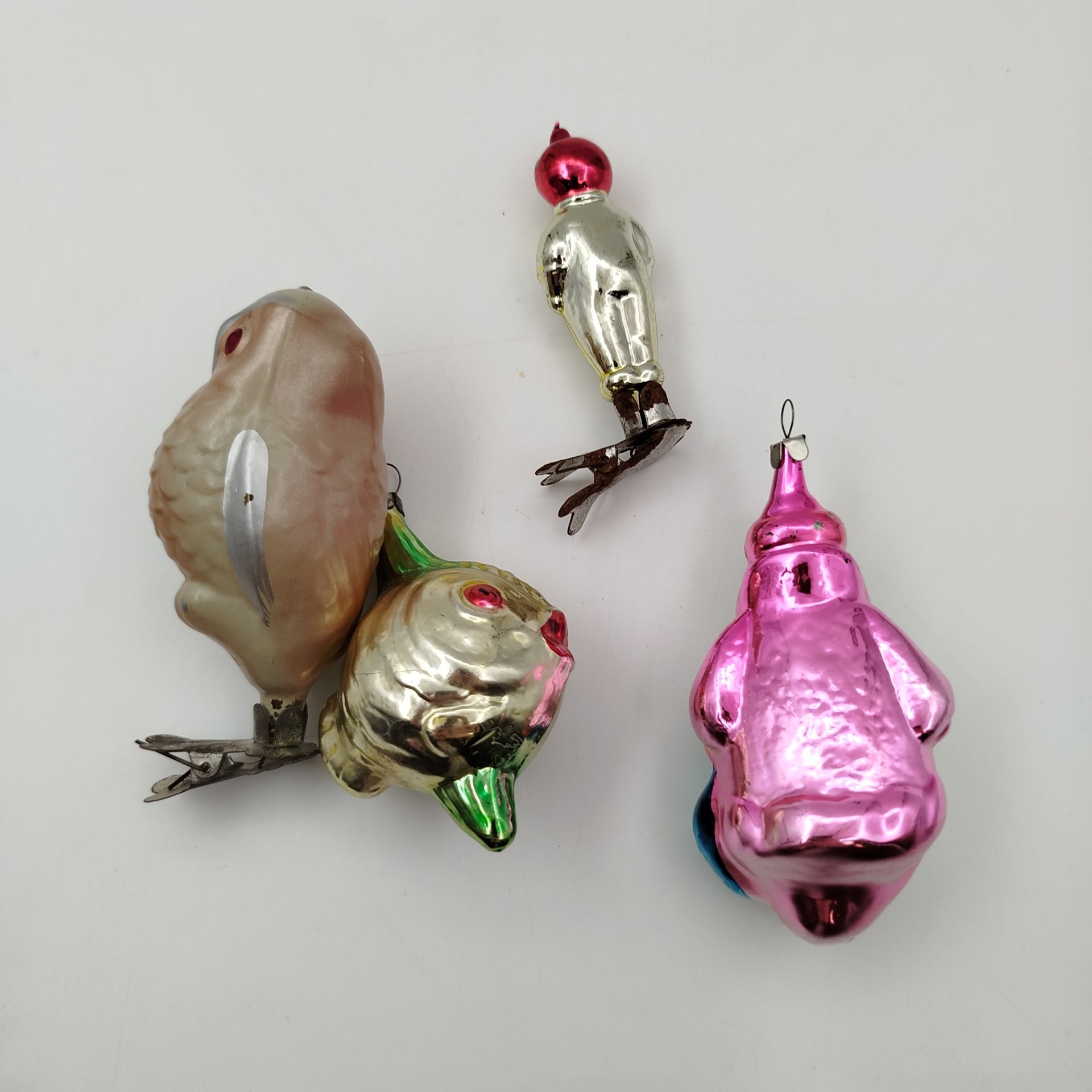 Набор ёлочных игрушек "Космонавт", "Сова", "Рыбка", "Дед Мороз", стекло, роспись, металл, СССР, 1950-1960 гг.