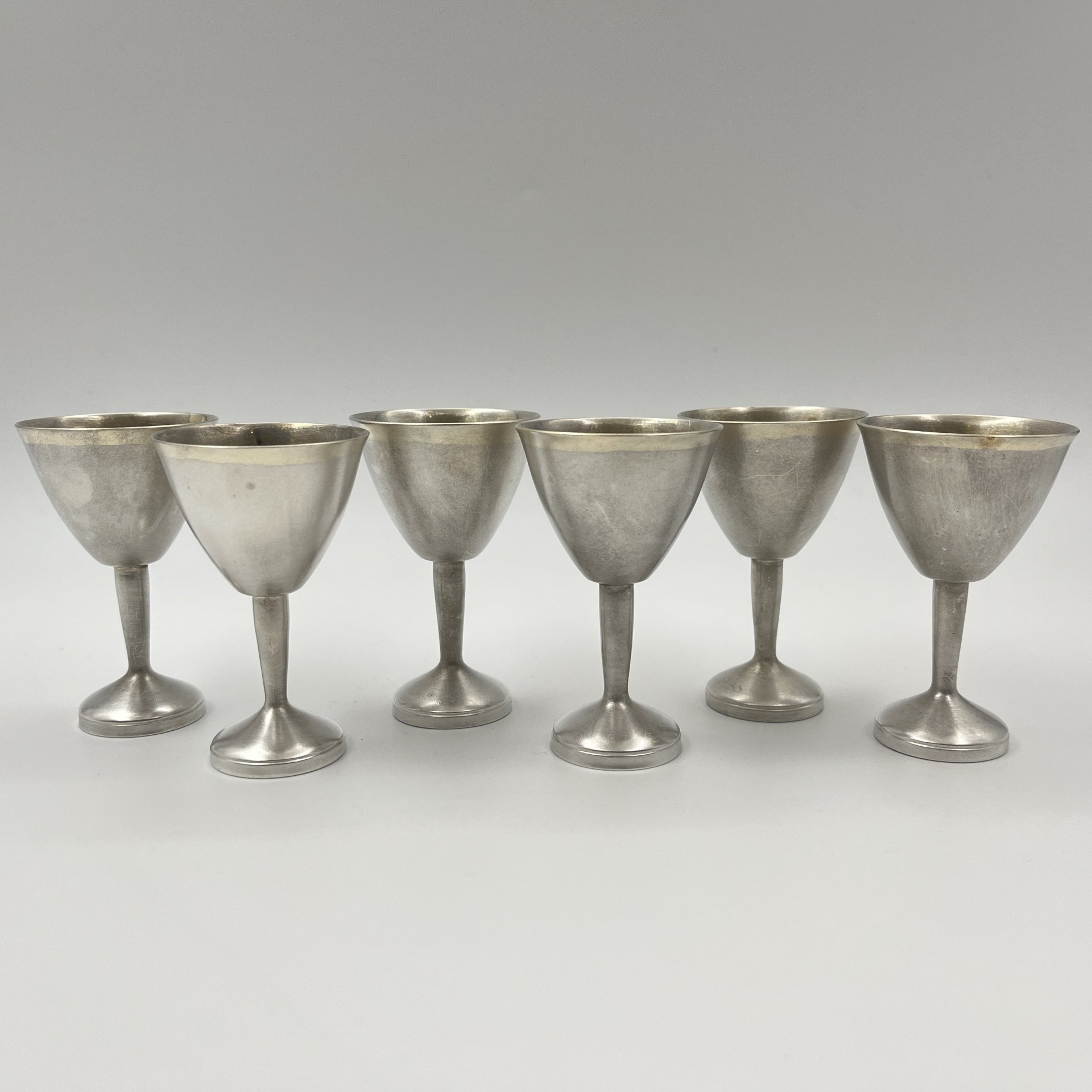 Набор из шести рюмок лаконичной формы, клеймо "9ФС", мельхиор (медь-никель), СССР, 1970-1990 гг.