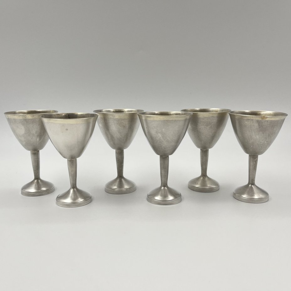 Набор из шести рюмок лаконичной формы, клеймо "9ФС", мельхиор (медь-никель), СССР, 1970-1990 гг.