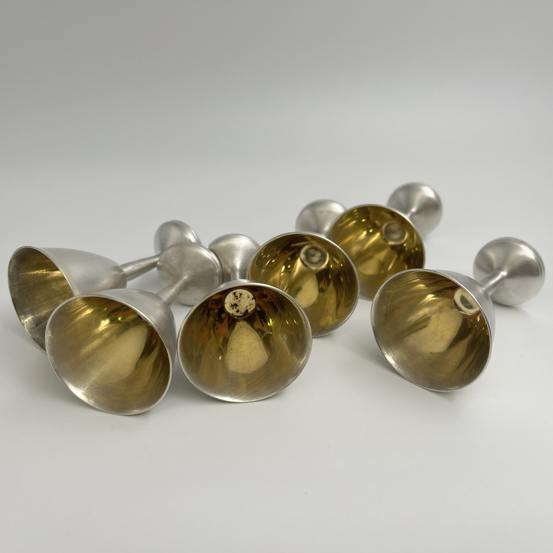 Набор из шести рюмок лаконичной формы, клеймо "9ФС", мельхиор (медь-никель), СССР, 1970-1990 гг.