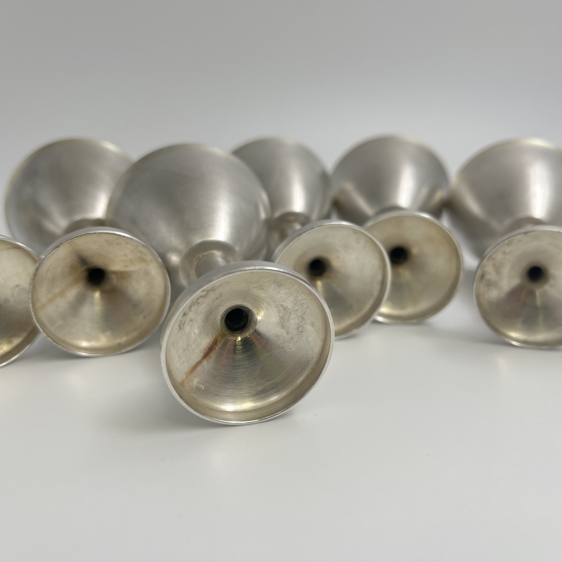 Набор из шести рюмок лаконичной формы, клеймо "9ФС", мельхиор (медь-никель), СССР, 1970-1990 гг.