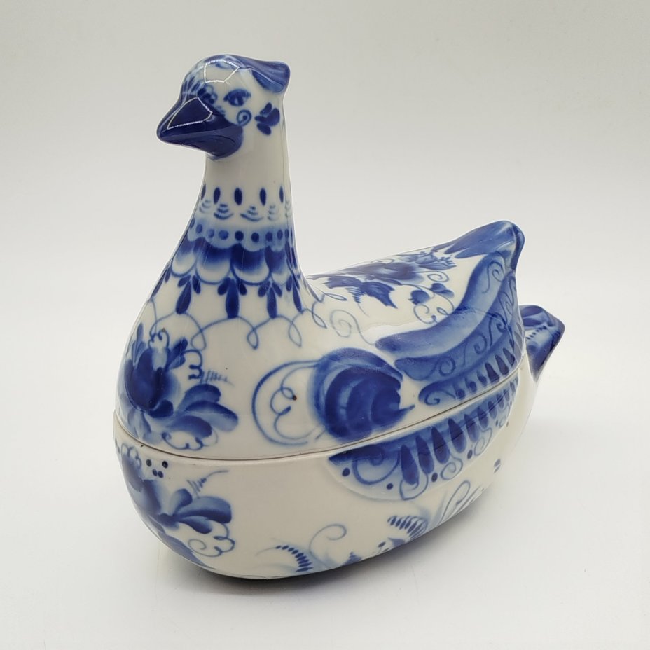 Икорница/масленка "Уточка" с расписным цветочным декором, Гжель