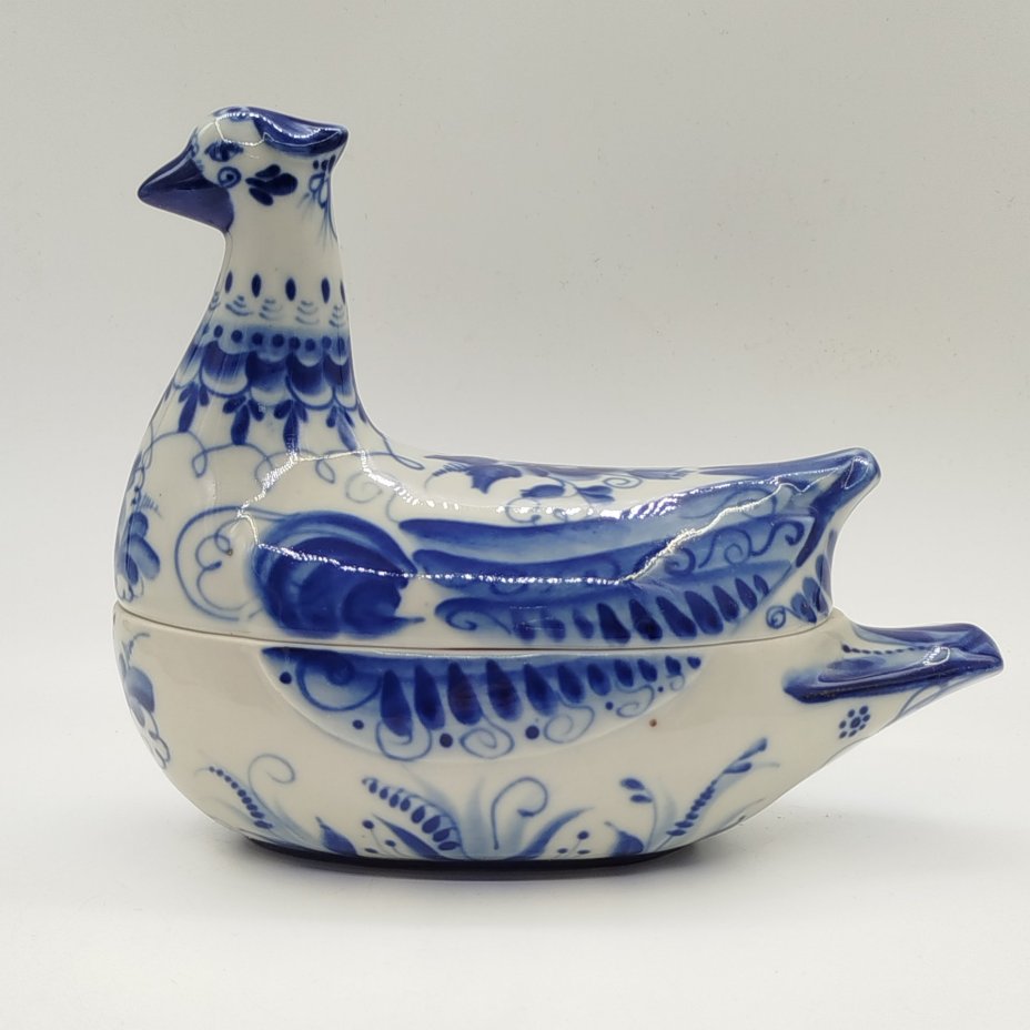 Икорница/масленка "Уточка" с расписным цветочным декором, Гжель