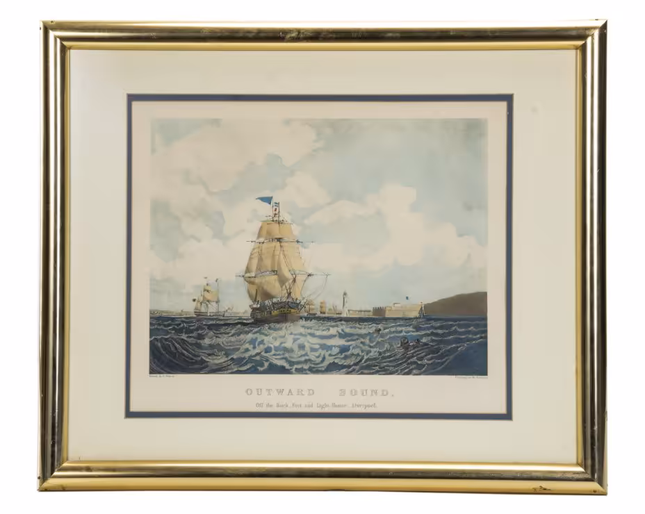 Гравюра "Outward Bound off the Rock_Fort and Light_House_Liverpool", художник Сэмюэл Уолтерс (Samuel Walters), гравер Х. Паприлл (H. Paprill)