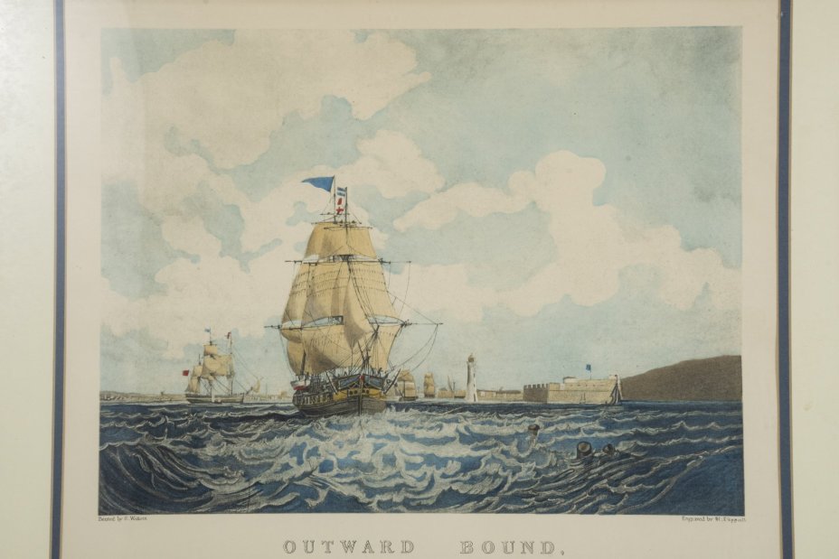 Гравюра "Outward Bound off the Rock_Fort and Light_House_Liverpool", художник Сэмюэл Уолтерс (Samuel Walters), гравер Х. Паприлл (H. Paprill)