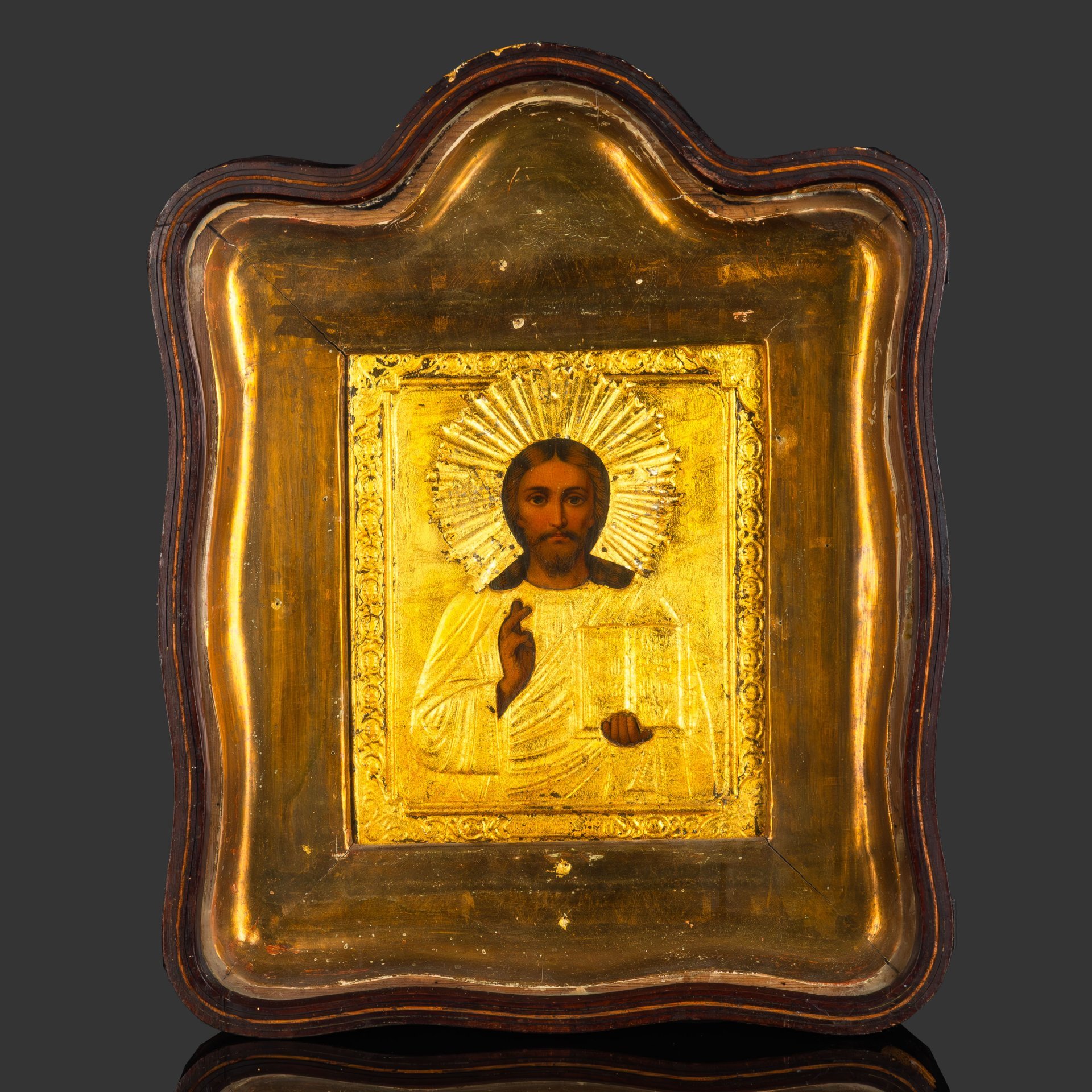 Икона "Господь Вседержитель" в окладе и киоте, дерево, печать, латунь, стекло, Российская империя, 1890-1910 гг.