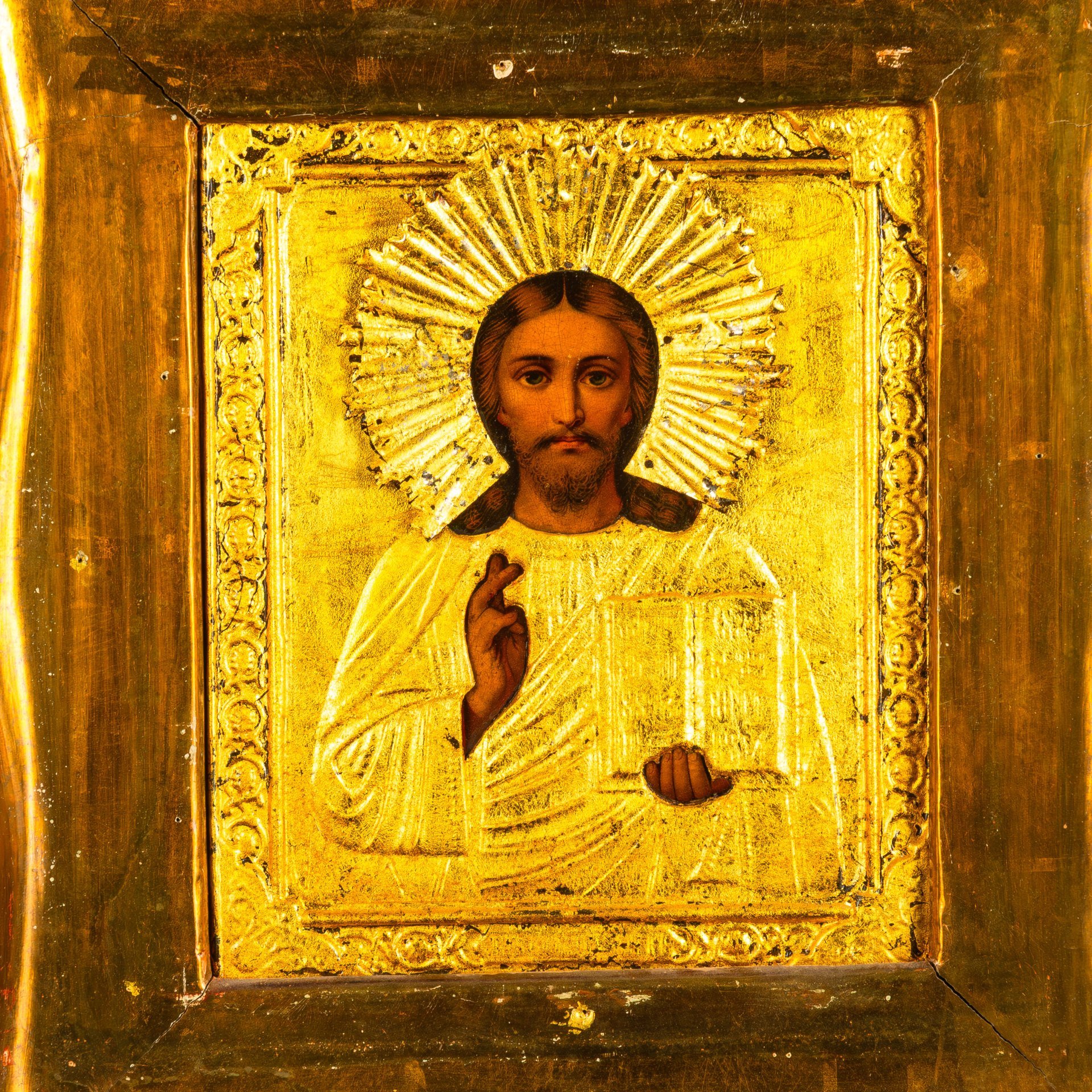 Икона "Господь Вседержитель" в окладе и киоте, дерево, печать, латунь, стекло, Российская империя, 1890-1910 гг.