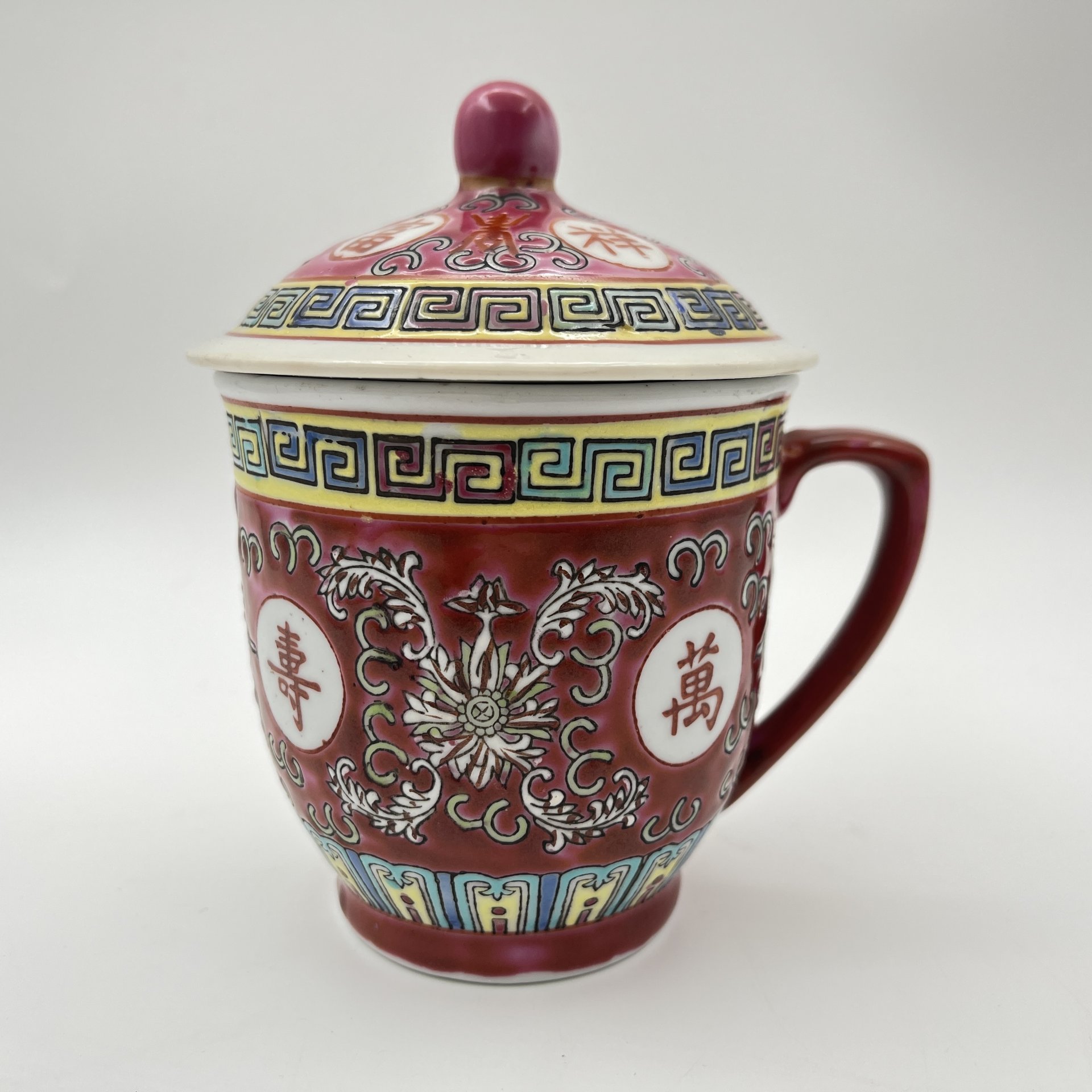 Чашка (бокал) с крышкой для заваривания чая "Долголетие", фарфор, роспись эмалевыми красками, деколь, Китай, 1960-1980 гг.