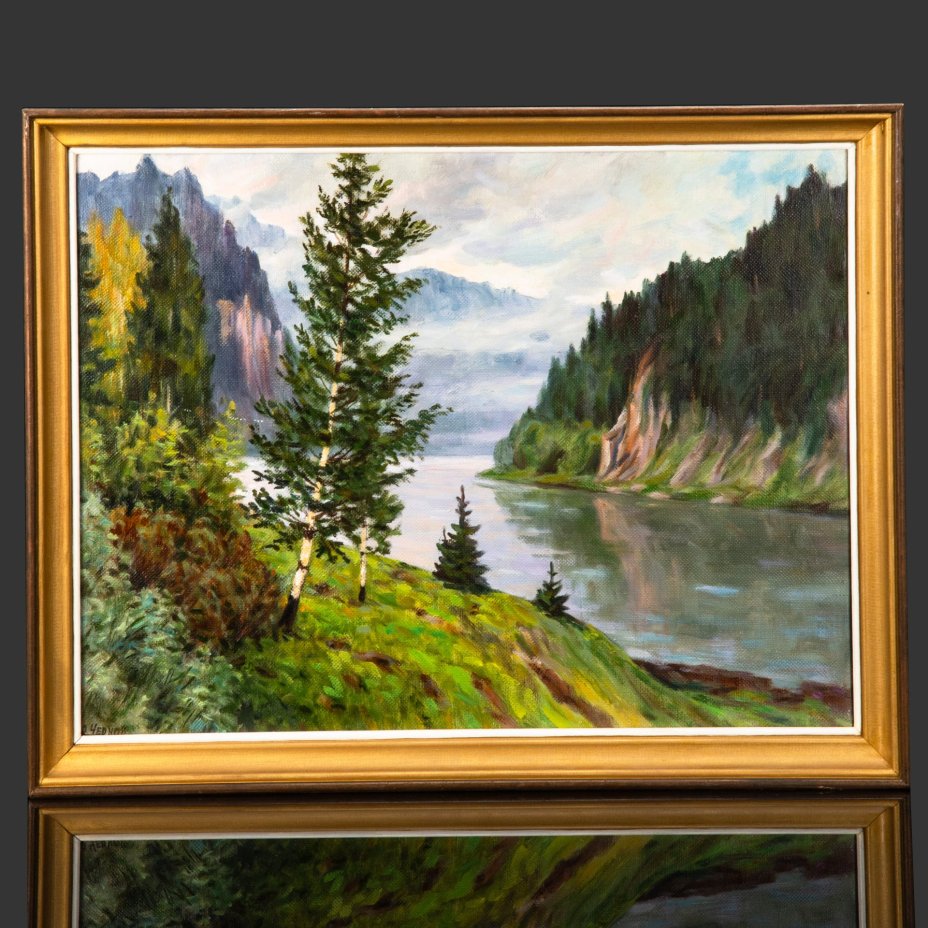 Картина "Урал, р. Чусовая",  оформленная в раму, подпись А. Чернов, холст, масло, дерево, Россия, 1999 г.