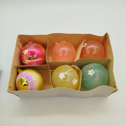 Набор из шести елочных игрушек "Нежность" в родной коробке, стекло, Московский завод ёлочных украшений, СССР, 1970-1990 гг.