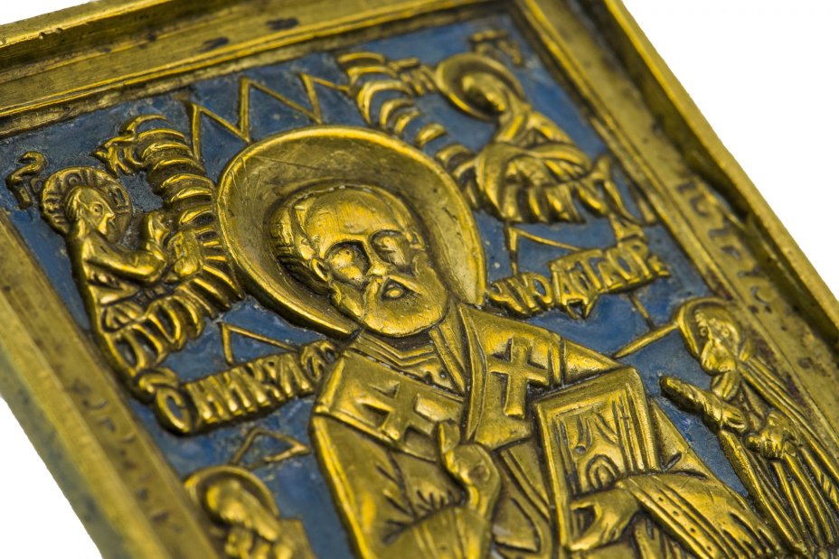 Икона "Святитель Николай Чудотворец" (Николай Угодник), бронза, литье, эмаль, Российская Империя, 1850-1890 гг.