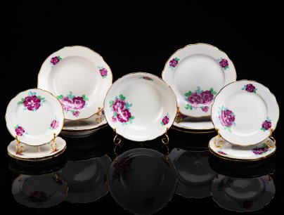 Набор обеденный с цветочным декором на 3 персоны (13 предметов), фарфор, деколь, золочение, Дулевский фарфоровый завод (Дулёво), СССР, 1968-1991 гг.