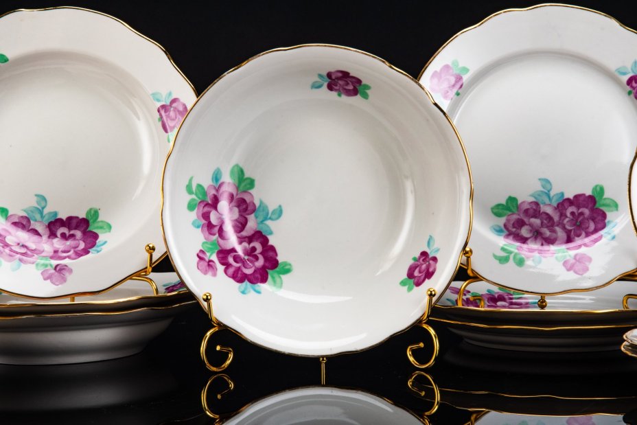 Набор обеденный с цветочным декором на 3 персоны (13 предметов), фарфор, деколь, золочение, Дулевский фарфоровый завод (Дулёво), СССР, 1968-1991 гг.