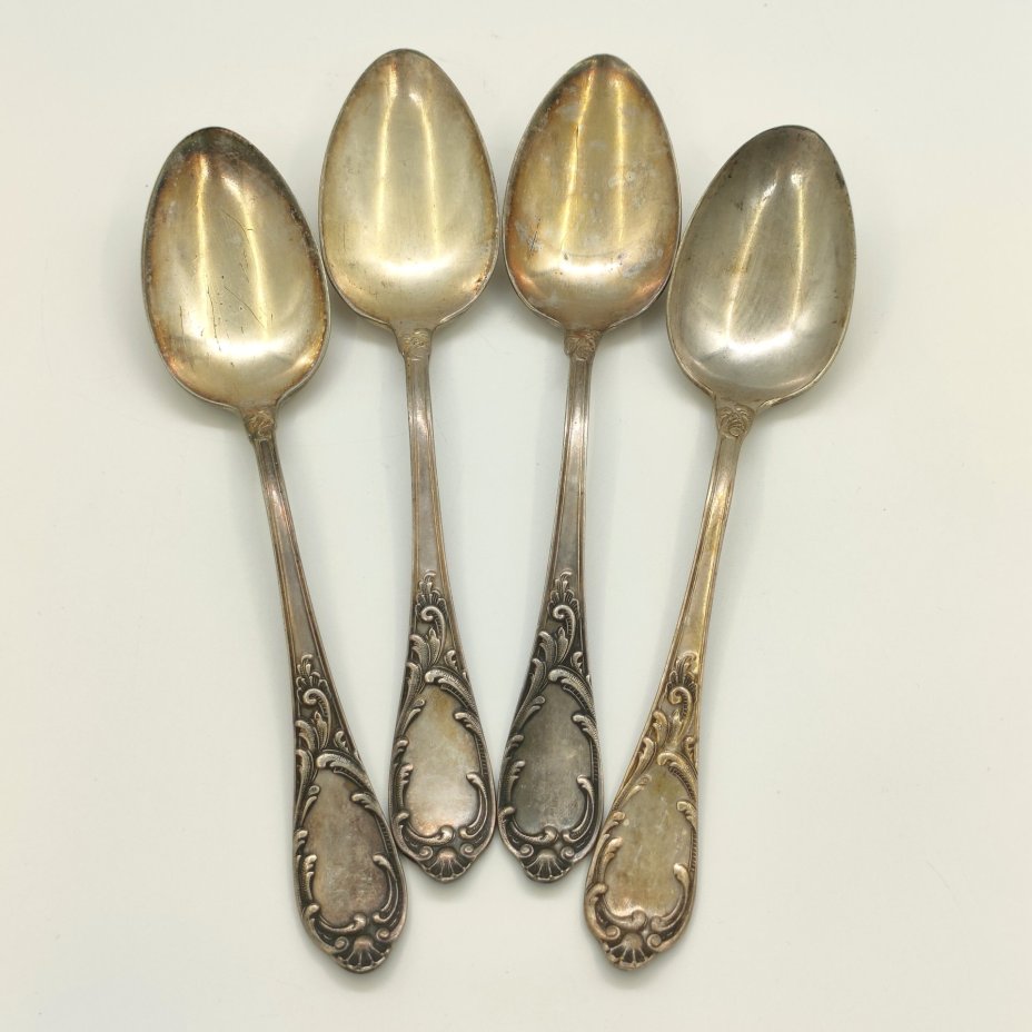 Набор из 4 столовых ложек с растительным декором, мНЦ (медь-никель-цинк), штамповка, Вольнянский завод столовых приборов им. Шевченко (ЗiШ, ЗиШ), СССР, 1961-1991 гг.